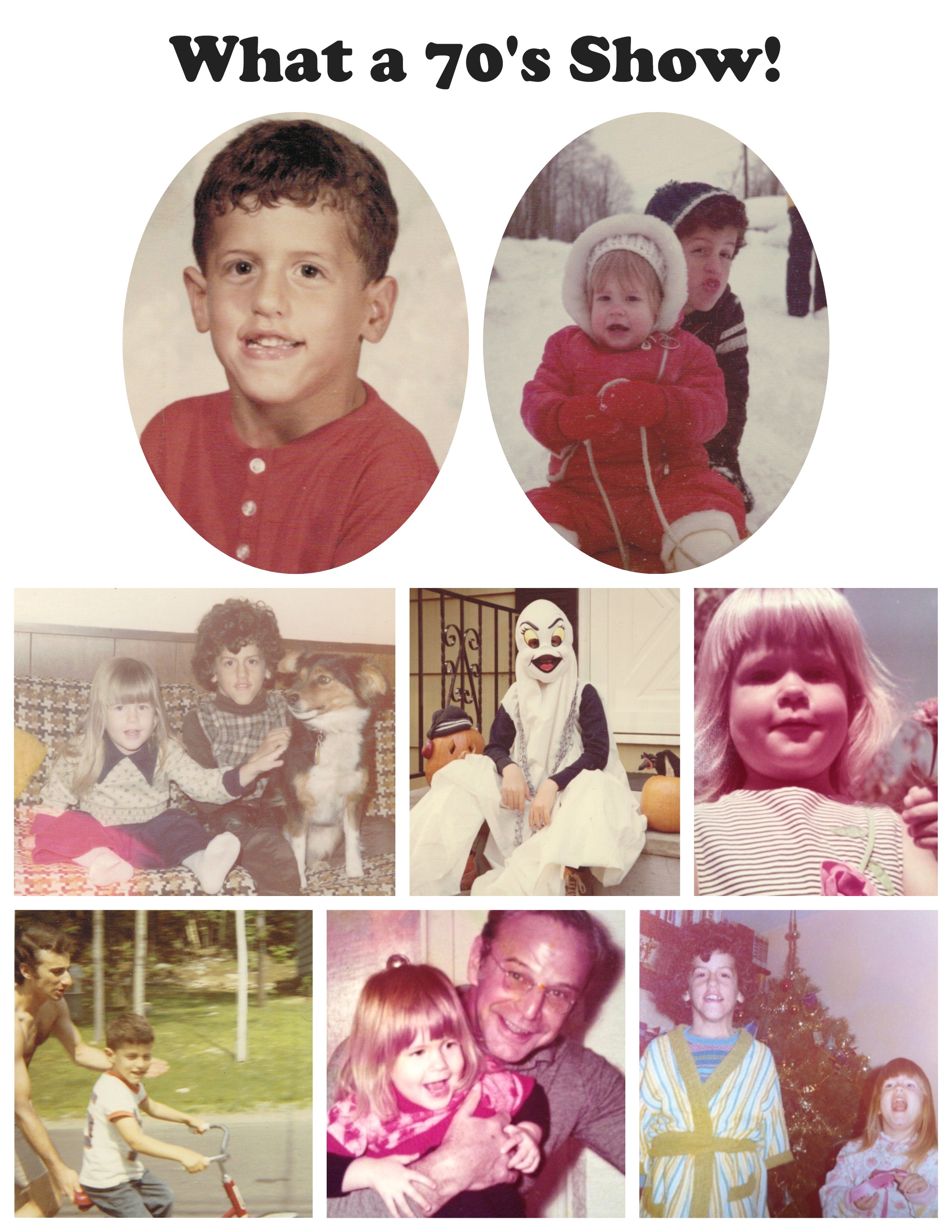 Photo collage page of 1970s family photos titled What a 70’s Show, designed and printed by 4everBound